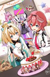 4girls :d ahoge animal_ear_fluff animal_ears arms_up black_dress blonde_hair blue_eyes blush box braid cake character_doll closed_eyes collared_shirt commentary_request confetti crown_braid demon_horns detached_sleeves doll double_bun dress feathered_wings food fruit ganmo_(takane_lui) gift gift_box grey_hair hair_between_eyes hair_bun hakui_koyori hakui_koyori_(1st_costume) happy_birthday head_wings highres holding holding_gift hololive holox horns indoors jacket japanese_clothes kazama_iroha kazama_iroha_(1st_costume) kimono kiritoma la+_darknesss la+_darknesss_(1st_costume) long_hair long_sleeves multicolored_hair multiple_girls necktie open_mouth pantyhose pennant pink_hair pink_necktie plate ponytail puffy_long_sleeves puffy_sleeves purple_hair purple_pantyhose sakamata_chloe sakamata_chloe_(1st_costume) sarashi shirt signature single_leg_pantyhose sleeveless sleeveless_dress smile star_balloon strawberry streaked_hair string_of_flags sunglasses takane_lui takane_lui_(1st_costume) very_long_hair virtual_youtuber white_jacket white_kimono white_shirt white_sleeves wings wooden_floor