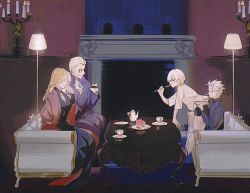 Rule 34 | black dress, black shorts, blonde hair, blush, breasts, cake, candelabra, candle, candlestand, cleavage, closed eyes, closed mouth, coat, couch, cumcmn, cup, dante (devil may cry), devil may cry (series), dress, drinking, eating, eva (devil may cry), family, fire, food, fork, hair slicked back, holding, holding cup, holding fork, holding plate, indoors, lamp, long hair, monocle, plate, purple coat, reflection, shorts, sitting, slice of life, smile, sparda, table, tea set, teacup, vergil (devil may cry), white hair