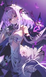 1girl absurdres asymmetrical_gloves black_tiara breasts bug butterfly commentary commentary_request dress elbow_gloves flower flower_ornament gloves hair_flower hair_ornament hi_i_dubu highres honkai:_star_rail honkai_(series) insect korean_commentary large_breasts long_hair parted_lips pointy_ears purple_background purple_butterfly purple_eyes purple_gloves purple_hair solo tiara uneven_gloves white_dress