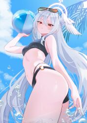 1girl absurdres air_bubble alternate_costume armpit_crease ass ball bare_arms beachball bikini black_bikini blue_archive blue_sky blush breasts bubble closed_mouth commentary_request day eyewear_on_head feathered_wings hair_between_eyes halo hand_up head_wings highres holding holding_ball holding_beachball long_hair looking_at_viewer navel o-ring_bikini_bottom red_eyes single_wing sky small_breasts solo sunglasses suzumi_(blue_archive) swimsuit thighs wakamomo1000 white_hair white_halo white_wings wings
