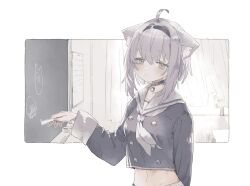 Rule 34 | absurdres, animal collar, animal ear fluff, animal ears, black collar, cat ears, cat girl, chalk, chalkboard, classroom, collar, highres, hololive, looking at viewer, muted color, navel, nekomata okayu, omochi chowder, purple eyes, purple hair, school uniform, virtual youtuber