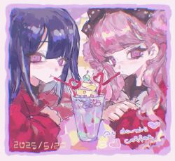 1boy 1girl 2025 border brother_and_sister dated english_text heart highres long_hair looking_at_viewer milkshake pink_eyes pink_hair purple_hair sharing_food siblings the_hundred_line_-last_defense_academy- tsukumo_ima tsukumo_kako twins white_border