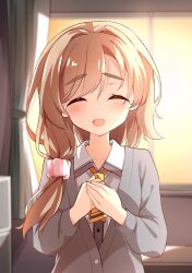 1girl :d ^_^ blurry blurry_background blush brown_hair brown_skirt cardigan classroom closed_eyes collared_shirt commentary_request curtains facing_viewer grey_cardigan hair_intakes hair_ornament hair_scrunchie hands_up happy happy_tears high-waist_skirt highres indoors long_hair long_sleeves low_side_ponytail mikuni_sairi necktie open_mouth own_hands_together partially_unbuttoned pink_scrunchie school_uniform scrunchie sesen2000 shirt short_necktie sidelighting skirt smile solo sunlight swept_bangs tears tenshi_souzou_re-boot! thick_eyebrows upper_body white_shirt yellow_necktie