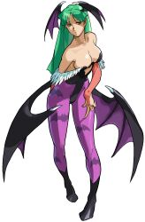 1990s_(style) 1998 1girl absurdres animal_print arm_behind_back bare_shoulders bat_print bat_wings bengus black_leotard breasts bridal_gauntlets capcom cleavage clothing_cutout darkstalkers demon_girl fur-trimmed_leotard fur_trim game_cg green_eyes green_hair hand_on_own_thigh head_wings heart_cutout highleg highleg_leotard highres large_breasts leotard long_hair looking_to_the_side marvel marvel_vs._capcom morrigan_aensland non-web_source off-shoulder_leotard official_art pantyhose print_pantyhose purple_pantyhose purple_wings retro_artstyle solo wings
