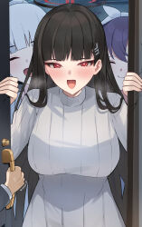 1boy 3girls absurdres black_hair black_halo blue_archive blunt_bangs blush breasts bright_pupils closed_eyes hair_ornament hairband hairclip halo highres large_breasts long_hair mi_taro333 multicolored_halo multiple_girls noa_(blue_archive) noa_(pajamas)_(blue_archive) open_mouth opening_door purple_hair red_eyes red_halo rio_(blue_archive) smile sweater turtleneck turtleneck_sweater two-tone_halo very_long_hair white_hair white_pupils white_sweater yuuka_(blue_archive) yuuka_(pajamas)_(blue_archive)