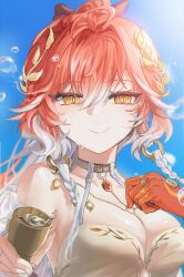 1girl absurdres bare_shoulders blue_sky body_markings braid breasts bright_pupils changli_(laurel_nymph)_(wuthering_waves) changli_(wuthering_waves) cleavage closed_mouth colored_extremities cup day eavdedd hair_extensions hand_up head_wreath highres holding holding_cup large_breasts looking_at_viewer multicolored_hair official_alternate_costume outdoors pink_hair red_hands ring_hair_extensions sky smile solo twin_braids two-tone_hair upper_body white_hair white_pupils wuthering_waves yellow_eyes