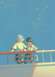 2boys absurdres against_railing black_hair blue_eyes blue_sky building clear_sky collared_shirt highres ikari_shinji looking_up male_focus multiple_boys nagisa_kaworu neon_genesis_evangelion non-circular_lens_flare railing shirt short_hair sky white_hair white_shirt windsaor
