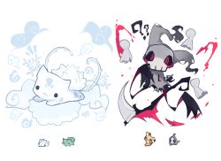 ._. ? ?? black_eyes black_sclera bulbasaur charamells chibi chibi_inset colored_sclera duskull floating fusion gen_1_pokemon gen_3_pokemon gen_7_pokemon gen_8_pokemon ghost highres looking_at_viewer lying mimikyu nintendo no_humans notice_lines on_stomach pokemon pokemon_(creature) red_eyes scythe simple_background skull smoke snom snowflakes white_background