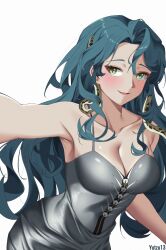 1girl :d artist_name bare_shoulders blush breasts cleavage collarbone dress fang green_eyes grey_dress highres hissabeth large_breasts long_hair open_mouth outstretched_arm red_pupils reverse:1999 selfie skin_fang sleeveless sleeveless_dress slit_pupils smile snake snake_on_head solo spaghetti_strap upper_body white_background yutzyn_13