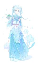 Rule 34 | 1girl, :o, absurdres, basket, blue capelet, blue eyes, blue flower, blue hair, blue hanfu, blue theme, blue veil, bracer, braid, capelet, chinese clothes, collared capelet, expressionless, eyelashes, facial mark, floral background, floral print, flower, forehead mark, full body, hair flower, hair ornament, hair rings, hanfu, high collar, highres, holding, infinity nikki, long hair, long sleeves, looking at viewer, lotus, miqingya, mouth veil, nikki (series), parted lips, plant, pom pom (clothes), pom pom hair ornament, potted plant, see-through clothes, see-through veil, shadow, solo, standing, tareme, thought in bloom (infinity nikki), twin braids, veil, white background, wide sleeves, yellow flower, yunjian