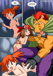 1boy 2girls arms_behind_back bandana blue_bike_shorts blue_eyes blue_shorts bound bound_arms breasts cave cave_interior completely_nude crossover denim denim_shorts english_text gag gagged hand_on_another&#039;s_face kneeling may_(pokemon) misty_(pokemon) multiple_girls navel nintendo nipples nude orange_hair palcomix pokemon pokemon_(anime) pussy red_bandana red_shirt restrained rope screaming shirt shorts shouting side_ponytail smile speech_bubble stallion_(words_worth) suspender_shorts suspenders tank_top tongue tongue_out uncensored words_worth yellow_shirt yellow_tank_top