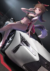 1girl absurdres animal_ears bikini black_bikini breasts brown_hair car cleavage closed_mouth commentary_request commission dutch_angle finger_gun floppy_ears fujinomiya_rio hair_ribbon hand_up highres jacket lexus lexus_lc linaford_(vrchat) long_hair medium_breasts midriff motor_vehicle navel open_clothes open_jacket ponytail red_eyes red_jacket red_ribbon red_shoes ribbon shoes skeb_commission smile solo swimsuit tail vrchat white_car wolf_ears wolf_girl wolf_tail