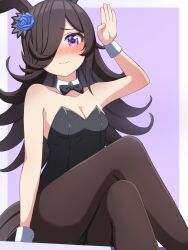 1girl animal_ear_hairband animal_ears black_bow black_bowtie black_leotard black_pantyhose blue_flower blue_rose blush bow bowtie brown_hair detached_collar fake_animal_ears flipped_hair flower hair_over_one_eye hairband highres hokuyukis horse_girl horse_tail leotard long_hair nose_blush pantyhose playboy_bunny purple_eyes rabbit_ears rabbit_pose rice_shower_(umamusume) rose sitting solo strapless strapless_leotard tail umamusume wrist_cuffs
