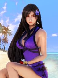 1girl 3d artist_request bare_arms bare_legs bare_shoulders beach black_hair blue_sky breasts cleavage costa_del_sol crescent crescent_earrings crescent_moon dress earrings final_fantasy final_fantasy_vii final_fantasy_vii_remake flower hair_flower hair_ornament highres jewelry large_breasts long_hair moon ocean official_alternate_costume palm_tree purple_dress raidenwgt red_eyes red_lips sand sitting sky sleeveless sleeveless_dress solo square_enix tifa_lockhart tifa_lockhart_(refined_dress) tree wall_market