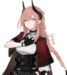 Rule 34 | 1girl, :|, belt, belt around waist, black gloves, black horns, blunt bangs, braid, cape, closed mouth, curled horns, expressionless, gloves, hand on own chest, horns, looking at viewer, multiple belts, original, pink eyes, pink hair, red cape, shirt, sidelocks, simple background, solo, twin braids, upper body, white background, white shirt, yoimon