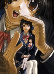 1girl animegao black_hair black_jacket black_shoes blue_eyes bow cosplay doll hair_ornament hairclip highres holding jacket kigurumi long_hair long_sleeves looking_at_viewer m000oomin nazono_mito nijisanji pink_bow plaid_clothes plaid_skirt school_uniform shirt shoes sitting skirt smile thighhighs tsukino_mito tsukino_mito_(1st_costume) virtual_youtuber white_shirt white_thighhighs