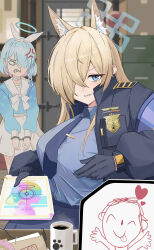 1boy 2girls absurdres anger_vein angry animal_ear_fluff animal_ears arona_(blue_archive) black_gloves black_jacket blonde_hair blue_archive blue_eyes blue_hair blue_halo blue_necktie blue_shirt blurry blurry_background bound bound_wrists breasts cabinet choker coffee coffee_mug collared_shirt colored_inner_hair commentary_request cuffs cup desk dog_ears donut doodle_sensei_(blue_archive) door food gloves hair_over_one_eye halo handcuffs heart highres indoors jacket kanna_(blue_archive) korean_commentary large_breasts long_hair long_sleeves looking_at_viewer mug multicolored_hair multiple_girls necktie open_clothes open_jacket pink_hair police_badge recruitment_(blue_archive) sailor_collar sensei_(blue_archive) sharp_teeth shirt sitting skirt smile steam teeth tongue tongue_out white_choker white_sailor_collar white_skirt zi0807 zipper