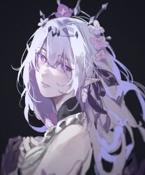 1girl absurdres bare_shoulders black_background bright_pupils butterfly_earrings castorice_(honkai:_star_rail) commentary dress earrings expressionless flower frills ggtnnk hair_between_eyes hair_flower hair_intakes hair_ornament hair_ribbon hands_on_own_chest head_wreath highres honkai:_star_rail honkai_(series) jewelry long_hair looking_to_the_side own_hands_clasped own_hands_together pointy_ears purple_eyes purple_flower purple_hair ribbon simple_background solo symbol-only_commentary turning_head white_dress white_pupils