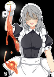 1girl :d ^_^ absurdres apron arm_at_side arm_up artist_name assault_lily black_background black_dress black_ribbon blush breasts buttons closed_eyes commentary_request dress facing_viewer false_smile grey_hair hair_ribbon hata_matsuri highres large_breasts maid maid_headdress medium_hair open_mouth outline pouring puffy_short_sleeves puffy_sleeves ribbon senri_(senri03151221) shaded_face short_sleeves simple_background smile solo standing tea teapot teeth textless_version upper_body upper_teeth_only waist_apron white_apron white_outline wrist_cuffs