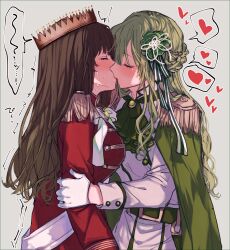 2girls amane_(7783) ascot belt blush braid brown_hair cape closed_eyes commentary_request crown french_kiss gloves green_ascot green_belt green_brooch green_cape green_hair grey_background half_up_braid highres jacket kiss long_hair long_sleeves multiple_girls open_mouth original red_jacket simple_background white_gloves yuri