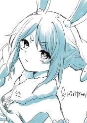 Rule 34 | 1girl, :t, animal ear fluff, animal ears, bare shoulders, braid, breasts, carrot hair ornament, cleavage, closed mouth, commentary request, don-chan (usada pekora), dress, food-themed hair ornament, greyscale, hair ornament, highres, hololive, kiritoma, leotard, long hair, looking at viewer, medium breasts, monochrome, pout, rabbit ears, short eyebrows, simple background, solo, strapless, strapless dress, strapless leotard, thick eyebrows, twin braids, twintails, twitter username, upper body, usada pekora, usada pekora (1st costume), v-shaped eyebrows, virtual youtuber, white background