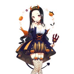 1girl ahoge bare_shoulders black_hair black_nails black_skirt blush bow breasts candy choker clarice_lapis cleavage closed_mouth collarbone corset cowboy_shot crown demon_tail detached_sleeves dress earrings fishnets food forehead full_body garter_straps ghost hair_ornament halloween holding horns jack-o&#039;-lantern jewelry large_breasts lollipop long_hair long_sleeves looking_at_viewer medium_breasts nail_polish polearm pumpkin red_eyes salt_(salty) single_thighhigh skirt small_breasts smile solo spider_web_print standing suspenders tail thighhighs transparent_background trident uchi_no_hime-sama_ga_ichiban_kawaii weapon white_background wings zettai_ryouiki
