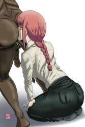 1girl anilingus ass braid braided_ponytail chainsaw_man clothed_female_nude_male dark-skinned_male dark_skin face_in_ass female_rimming_male kneeling looking_at_viewer makima_(chainsaw_man) new_epic_artist nude pantylines penis red_eyes ringed_eyes saliva seiza sitting testicles ugly_bastard yellow_eyes