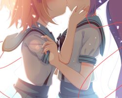 2girls black_bow black_bowtie blue_serafuku blue_skirt blush bow bowtie commentary_request commission face-to-face facing_another hand_on_another&#039;s_arm hand_on_another&#039;s_face head_out_of_frame highres kiss lens_flare long_hair looking_at_another marehoshi_academy_school_uniform multiple_girls orange_hair ponytail purple_hair re:stage! rst_hoshinono school_uniform serafuku shikimiya_mana short_hair simple_background skeb_commission skirt string string_of_fate tsukisaka_sayu white_background yuri