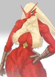 1girl animal_hands arm_at_side beak bird_girl blaziken blonde_hair blue_eyes blush body_fur breasts claws cleavage closed_mouth colored_sclera cowboy_shot creatures_(company) female_focus furry furry_female game_freak gen_3_pokemon gradient_background grey_background hand_on_own_hip highres large_breasts long_hair looking_at_viewer mao_uyasunari mature_female nintendo pokemon pokemon_(creature) red_fur simple_background solo standing thick_thighs thighs two-tone_fur wide_hips yellow_fur yellow_sclera