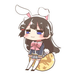 1girl :3 animal_ears black_hair black_jacket black_shoes blazer blue_eyes blush bow braid chibi closed_mouth full_body grey_skirt hair_ornament hairclip jacket kemonomimi_mode long_hair lowres nijisanji pink_bow plaid_clothes plaid_skirt pleated_skirt rabbit_ears rabbit_girl rabbit_tail rebecca_(keinelove) school_uniform shoes simple_background skirt solo tail thighhighs tsukino_mito tsukino_mito_(1st_costume) very_long_hair virtual_youtuber white_background white_thighhighs