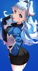 Rule 34 | 1girl, absurdres, ass, black gloves, black ribbon, black shirt, black skirt, blue background, blue eyes, blue hair, blue jacket, blue ribbon, colored tips, cowboy shot, crop top, ear piercing, fingerless gloves, from behind, gawawawa, gloves, hair ribbon, highres, hololive, hololive indonesia, iii (hololive), jacket, kobo kanaeru, long hair, looking at viewer, looking back, midriff, miniskirt, multicolored hair, multicolored jacket, piercing, ribbon, shirt, simple background, skirt, solo, tongue, tongue out, two-tone hair, two-tone jacket, virtual youtuber, white hair, white jacket
