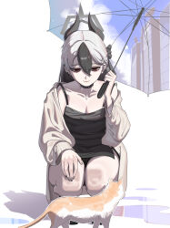 1girl absurdres black_choker black_dress black_hair black_nails blue_archive cardigan cat chojja choker closed_mouth demon_girl demon_horns dress ear_piercing grey_cardigan hair_between_eyes highres holding holding_umbrella horns kayoko_(blue_archive) kayoko_(dress)_(blue_archive) long_hair looking_at_animal multicolored_hair official_alternate_hairstyle official_art piercing red_eyes sidelocks smile solo squatting two-tone_hair umbrella white_hair