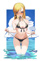 Rule 34 | 1girl, absurdres, armpit crease, averting eyes, bikini, bikini in mouth, black bikini, blonde hair, blue eyes, blue sky, blush, breasts, clothes in mouth, cloud, dxsyotyu, eyebrows hidden by hair, feet out of frame, final fantasy, final fantasy xiv, full-face blush, gluteal fold, groin, highres, in water, long hair, looking down, medium breasts, navel, ocean, ryne waters, sky, solo, stomach, swimsuit, undressing, very long hair