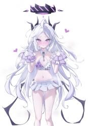 1girl absurdres ahoge black_halo blue_archive blush breasts demon_girl demon_horns demon_wings halo heart highres hina_(blue_archive) horns long_hair millennium_cheerleader_outfit_(blue_archive) navel pom_pom_(cheerleading) purple_eyes rabi9 simple_background small_breasts solo standing sweat white_background white_hair wings