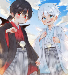 2boys absurdres alternate_costume arm_up arms_up black_hair black_wings clenched_hands closed_mouth cloud commentary_request cowboy_shot dot_mouth dot_nose double-parted_bangs far_tarooo green_eyes highres japanese_clothes kimono kuro_(far_tarooo) layered_sleeves long_sleeves male_focus multiple_boys open_mouth original parted_bangs ponytail red_eyes shiro_(far_tarooo) short_hair short_ponytail sky standing two-sided_fabric upper_body white_hair white_wings wings yukata