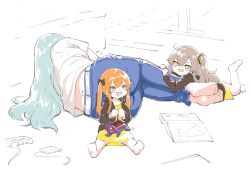 3girls barefoot commentary_request controller denim dinergate_(girls&#039;_frontline) doll from_behind game_console game_controller girls&#039;_frontline highres hk416_(girls&#039;_frontline) jeans multiple_girls pants playing_games shinoe_nun siblings side_ponytail sisters sleeping twins twintails ump45_(girls&#039;_frontline) ump9_(girls&#039;_frontline) aged_down