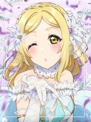 Rule 34 | 1girl, ;o, absurdres, birthday, blonde hair, blush, breasts, collarbone, commentary, elbow gloves, feathers, gloves, highres, kyaku tasu, large breasts, long hair, looking at viewer, love live!, love live! sunshine!!, ohara mari, one eye closed, purple background, signature, solo, upper body, watermark, white feathers, white gloves, white wings, wings