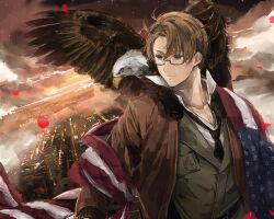 1boy ahoge america_(hetalia) american_flag axis_powers_hetalia bald_eagle beak bird black-framed_eyewear black_necktie blue_eyes breast_pocket brown_hair brown_jacket building buttons city closed_mouth cloud cloudy_sky collarbone collared_shirt commentary_request eagle evening feathered_wings fur-trimmed_jacket fur_trim glasses green_jacket hair_between_eyes jacket k30v0 lapels long_sleeves looking_at_animal male_focus military_jacket necktie open_clothes open_jacket orange_sky outdoors petals pocket semi-rimless_eyewear shirt short_hair sky skyscraper smile star_(sky) star_(symbol) star_print starry_sky sunset upper_body white_shirt wings