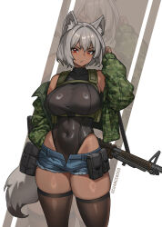 1girl absurdres blue_shorts breasts camouflage camouflage_jacket chance8000 chest_harness closed_mouth commission covered_navel dark-skinned_female dark_skin green_jacket grey_hair gun harness highres jacket large_breasts open_clothes open_fly open_jacket original pouch red_eyes short_hair short_shorts shorts solo tail thighhighs twitter_username weapon