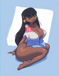 1girl barefoot bigdad black_hair breasts chel_(el_dorado) cleavage commentary dark-skinned_female dark_skin earrings english_commentary full_body green_eyes jewelry long_hair official_alternate_costume red_lips sitting solo the_road_to_el_dorado thighs