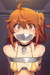1girl ahoge bare_shoulders bikini blush breasts cad_(caddo) choker cleavage fate/grand_order fate_(series) fujimaru_ritsuka_(female) gag improvised_gag looking_at_viewer medium_breasts one_side_up orange_eyes orange_hair short_hair solo swimsuit tape tape_gag yellow_bikini