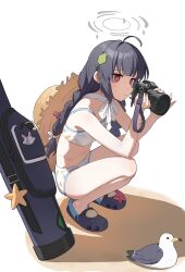1girl absurdres ahoge bikini bird black_hair blue_archive bra braid camera full_body grey_halo halo hat highres holding holding_camera liago miyu_(blue_archive) miyu_(swimsuit)_(blue_archive) official_alternate_costume panties red_eyes seagull simple_background solo squatting straw_hat sweatdrop swimsuit twin_braids underwear white_background white_bikini white_bra white_panties