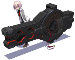 1girl cannon fate/grand_order fate_(series) female_focus glasses hair_over_one_eye highres hirai_yukio leaning_forward looking_at_viewer mash_kyrielight necktie pink_hair purple_eyes red_necktie shield solo weapon white_background
