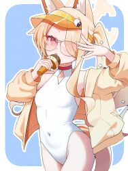 1girl animal_ear_fluff animal_ears arm_up bare_shoulders blonde_hair blue_archive blue_background blush breasts covered_navel cross_halo diamond_cutout dot_nose fingernails fox_ears fox_girl fox_tail hair_over_one_eye halo hand_up highleg highleg_one-piece_swimsuit highres holding holding_microphone jacket loli long_hair long_sleeves looking_at_viewer microphone noa_(noa01010) off_shoulder official_alternate_costume official_alternate_hairstyle one-piece_swimsuit one_eye_covered orange-tinted_eyewear orange_eyes seia_(blue_archive) seia_(swimsuit)_(blue_archive) side_ponytail small_breasts solo sunglasses swimsuit tail thighs tinted_eyewear two-tone_background very_long_hair visor_cap white_one-piece_swimsuit yellow_halo yellow_jacket yellow_visor