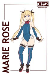 1girl alternate_costume ankle_boots armpits arms_at_sides artist_name artist_request bare_shoulders black_boots black_gloves black_ribbon blonde_hair blue_eyes blue_leotard blue_one-piece_swimsuit blue_thighhighs blunt_bangs boots bow bowtie breasts character_name covered_navel cross-laced_clothes dead_or_alive dead_or_alive_5 detached_sleeves female_focus fingerless_gloves flat_color framed frills full_body gloves grin hair_ribbon halterneck leotard long_hair looking_at_viewer marie_rose o-ring one-piece_swimsuit parted_bangs parted_lips red_bow red_bowtie ribbon sidelocks simple_background single_vertical_stripe small_breasts smile solo standing swimsuit thighhighs twintails very_long_hair watermark web_address white_background x-t3al