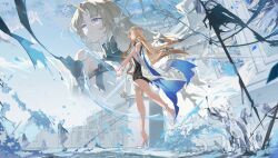 2girls absurdres bare_legs bare_shoulders black_collar black_dress blonde_hair breasts cartethyia_(wuthering_waves) closed_mouth collar commentary_request crown_of_thorns dress dual_persona earrings fleurdelys_(wuthering_waves) floating_earrings highres horns jewelry large_breasts legs long_hair multiple_girls outdoors people pointy_ears sidelocks single_horn tabard tuzi_yan white_tabard wide_shot wuthering_waves yellow_horns
