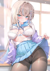 &gt;:) 1girl black_pantyhose blue_bow blue_hair blue_ribbon blue_sailor_collar blue_skirt blush bow bow_bra bow_panties bra breasts cardigan closed_mouth colored_inner_hair commentary_request crotch_seam grey_hair large_breasts long_hair multicolored_hair neck_ribbon open_cardigan open_clothes open_shirt original panties panties_under_pantyhose pantyhose pon_(ponidrop) presenting purple_cardigan ribbon sailor_collar shirt skirt smile smug solo streaked_hair thighband_pantyhose underwear v-shaped_eyebrows white_bra white_shirt