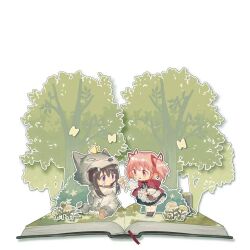2girls akemi_homura animal_costume animal_hands apron basket big_bad_wolf big_bad_wolf_(cosplay) black_bow black_bowtie black_hair black_skirt book bookmark boots border bow bowtie brown_footwear bud bug bush butterfly butterfly_on_head chibi chinese_commentary cloak commentary_request cosplay derivative_work eye_contact eyelashes flower frilled_apron frilled_skirt frills fur-trimmed_gloves fur_trim giving gloves hair_ribbon holding holding_flower hood hood_down hooded_cloak insect kaname_madoka kigurumi little_red_riding_hood_(fairy_tale) little_red_riding_hood_(fairy_tale_character)_(cosplay) little_red_riding_hood_(fairy_tale_character) long_hair long_sleeves looking_at_another mahou_shoujo_madoka_magica mahou_shoujo_madoka_magica_(anime) miniskirt multiple_girls open_book open_mouth outline outstretched_arm paw_gloves pink_eyes pink_hair pocket pop-up_book puffy_long_sleeves puffy_sleeves purple_eyes red_cloak red_ribbon ribbon shirt short_hair short_twintails simple_background sitting skirt smile sparkle tree_stump twintails waist_apron white_apron white_background white_flower white_gloves white_outline white_shirt wolf_costume wuliaojun yellow_butterfly yellow_flower yuri