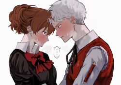 ... 1boy 1girl black_jacket blush bow bowtie breasts brown_hair collared_shirt commentary_request forehead-to-forehead from_side gekkoukan_high_school_uniform grey_eyes grey_hair heads_together hetero highres jacket or_i_i parted_lips persona persona_3 persona_3_portable profile red_bow red_bowtie red_sweater_vest sanada_akihiko school_uniform shiomi_kotone shirt simple_background spoken_ellipsis sweat sweater sweater_vest upper_body white_background white_shirt