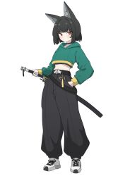 1girl absurdres adapted_costume alternate_hair_length alternate_hairstyle animal_ear_fluff animal_ears arutemisu180 baggy_pants belt belt_buckle black_hair black_pants blunt_bangs buckle closed_mouth commentary cropped_sweater dot_mouth english_commentary expressionless fox_ears fox_girl full_body green_hoodie hand_in_pocket highres holding holding_weapon hood hood_down hooded_sweater hoodie hoshimi_miyabi looking_at_viewer midriff pants red_eyes sheath sheathed shoes short_hair simple_background sneakers solo sweater weapon white_background white_shoes zenless_zone_zero